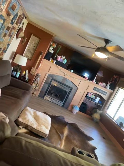Family room: shelves, fireplace and floors, all detailed.
